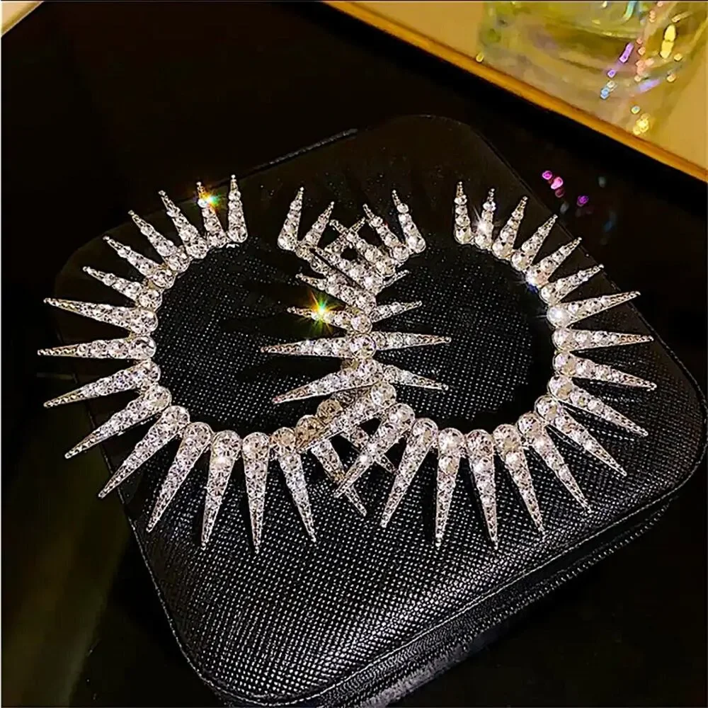 Exaggerated Spiked Zircon Earrings, Statement Silver Oversized Wedding